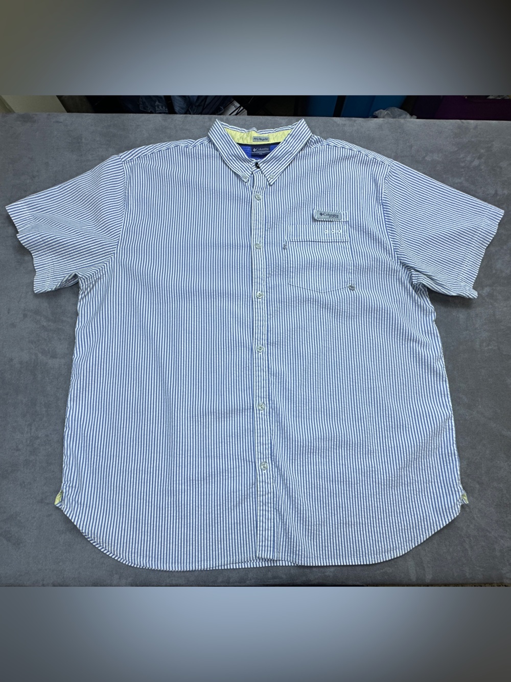 Columbia PFG Blue White Striped Seersucker Shirt XXL Short Sleeve Button Up